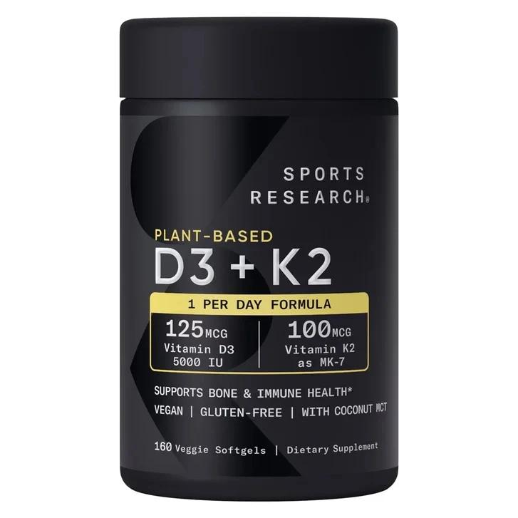 Витамин Д3+К2, 160 капсул, Sports Research, Vitamin D3+K2
