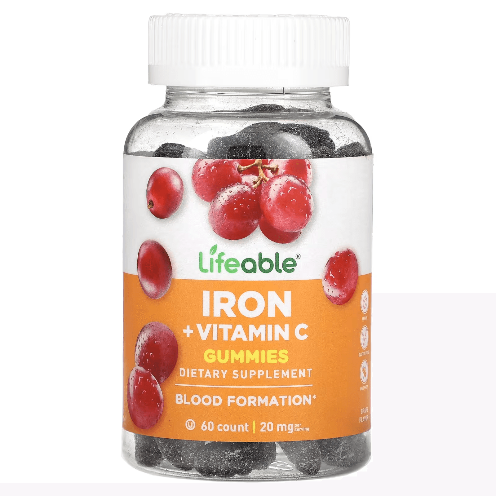 Железо и витамин С, вкус виноград,20 мг, 60 жевательных таблеток, Lifeable, Iron+Vitamin C Gummies