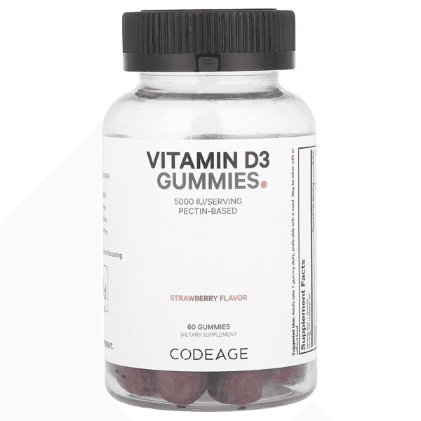 Витамин Д3, 5000 МЕ, 60 мармеладок, вкус клубника, Codeage, Vitamin D3