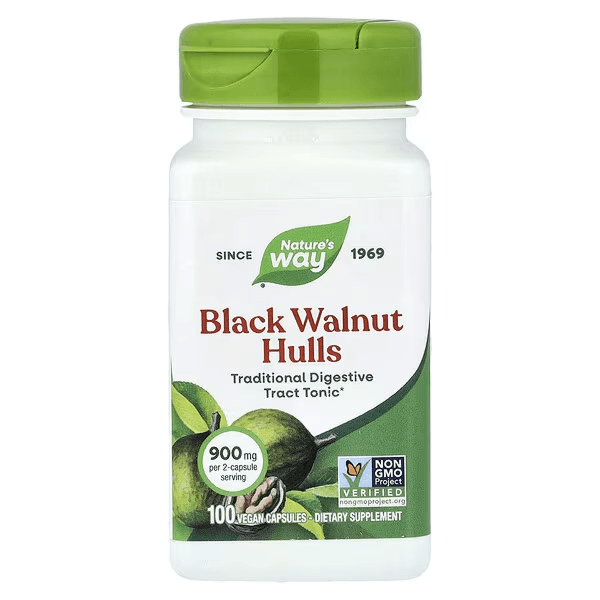 Скорлупа чёрного ореха, 100 веганских капсул (450 мг в 1 капсуле), Natures Way, Black Walnut hulls