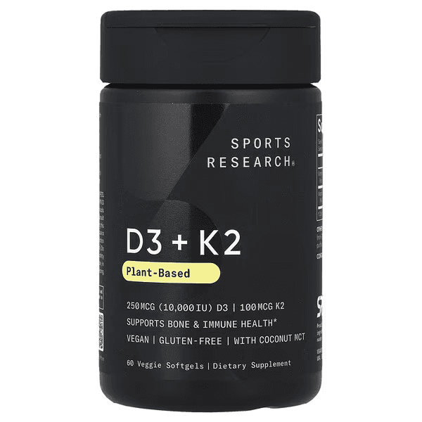 Витамины Д3+К2, 10 000 МЕ-250 мкг / 100 мкг, 60 капсул, Sports Research, Vitamin D3+K2